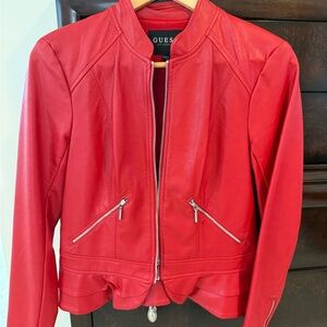 GUESS Red Leather Bomber Jacket with Zip Pockets